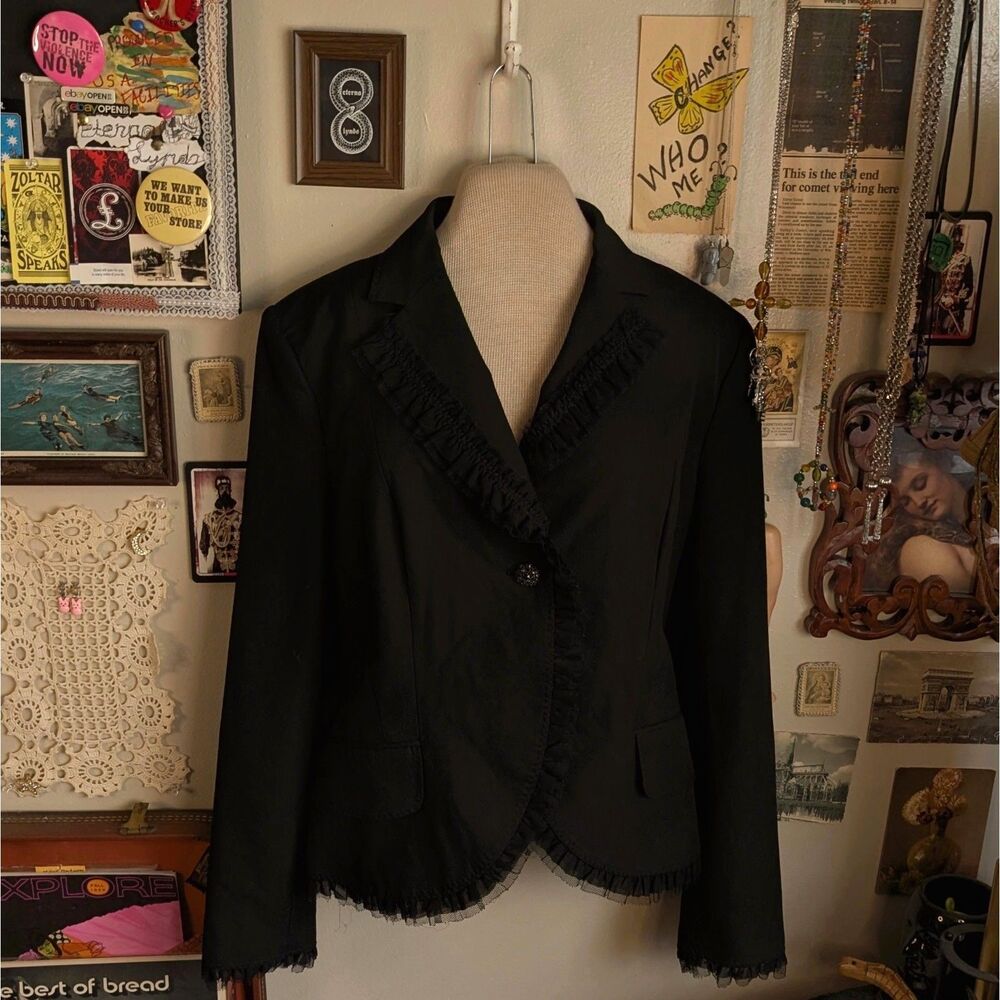 Y2K Ruffled Blazer Jacket Women's 12 Large Black